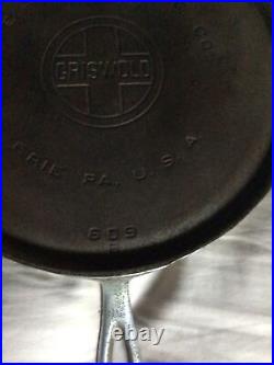 Vintage Griswold #9 Cast Iron Handle Griddle #609B Large Block Logo