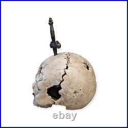 Vintage Large Cast Iron or Pressed Metal Skull with Dagger- Eyes Open & Close