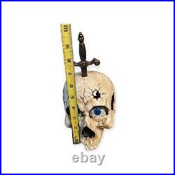 Vintage Large Cast Iron or Pressed Metal Skull with Dagger- Eyes Open & Close