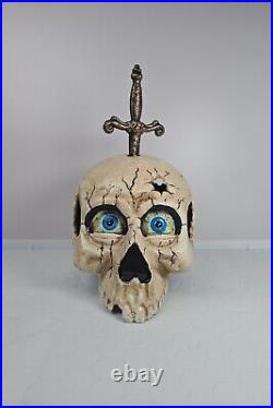 Vintage Large Heavy Cast Iron Mechanical Skull with Dagger- Eyes Open & Close