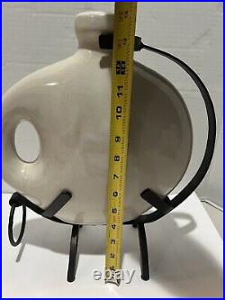 Vintage Large Off-White Egg Shape Handled Vase With Cast Iron Stand Free Ship