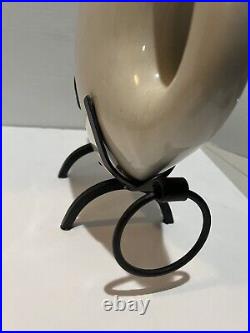 Vintage Large Off-White Egg Shape Handled Vase With Cast Iron Stand Free Ship