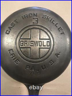 Vtg Griswold No. 3 Large Block Logo Heat Ring Cast Iron Skillet 709 Nice