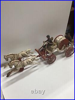 Vtg Large Cast Iron 2 Horse Drawn Fire Patrol Wagon Red 18 With Four Firemen