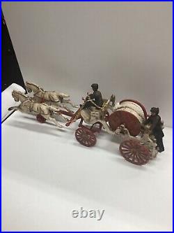 Vtg Large Cast Iron 2 Horse Drawn Fire Patrol Wagon Red 18 With Four Firemen