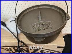 WENZEL 1887 Cast Iron Dutch Oven 12 Pot w Lid Bail Hndle Cover Wood Box 2 tool